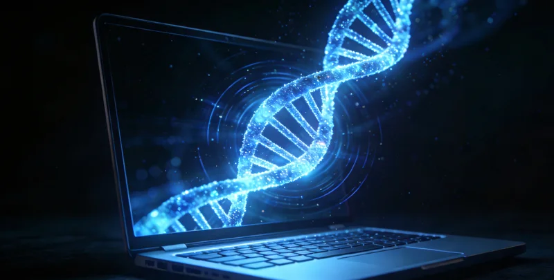 一家三口温馨合影,背景有DNA