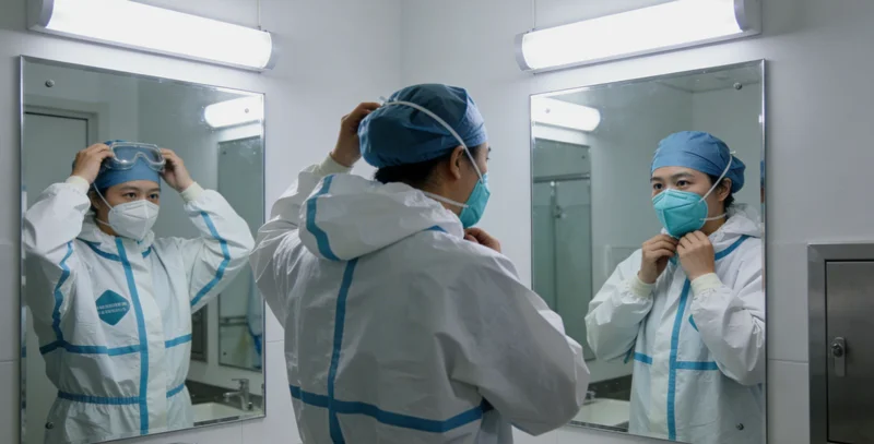 身着防护服的专业人员在生物安全