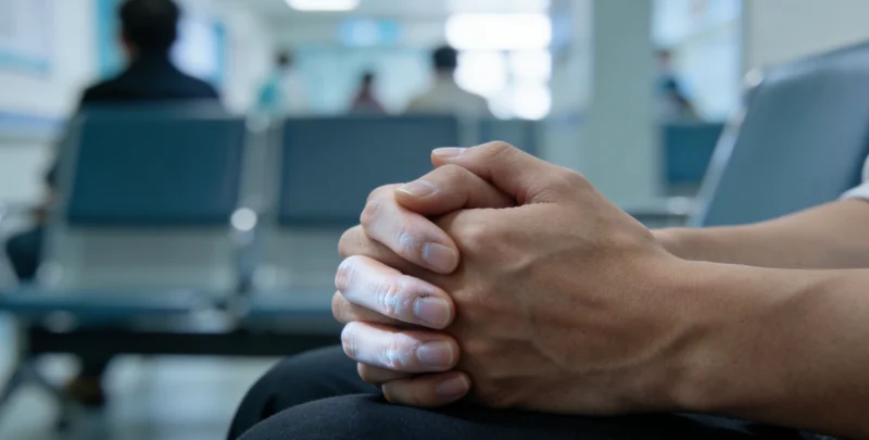 一位家属在病房外焦急等待，墙上