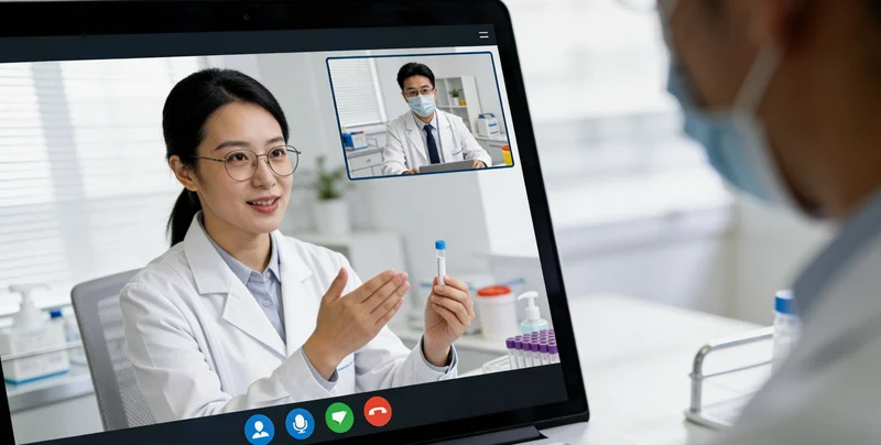 医生在办公室内,结合检测报告与