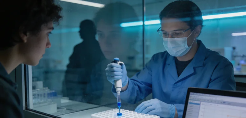 在洁净的实验室内，身着防护服的