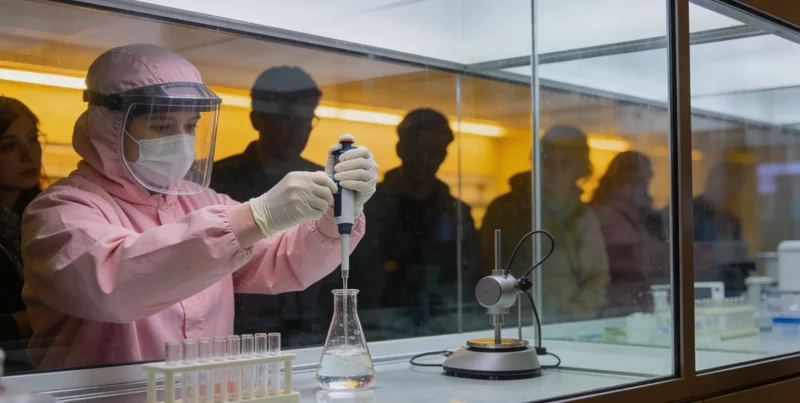 高标准生物实验室内部，科研人员