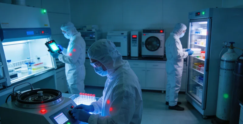 专业人士在电脑前分析复杂的基因