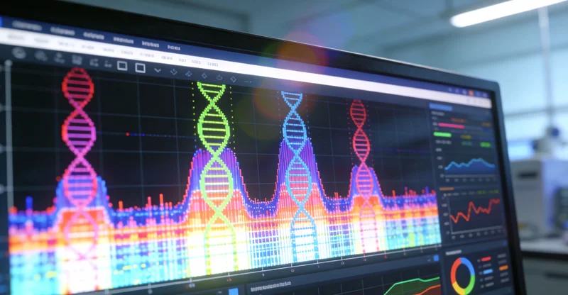 电脑屏幕上显示着复杂的基因测序