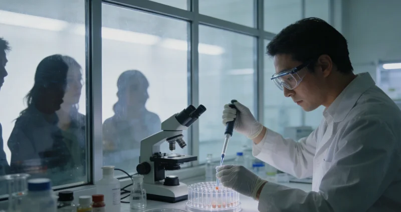 实验室内，身着防护服的技术人员