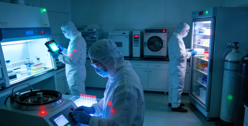 高科技医学实验室内部，技术人员