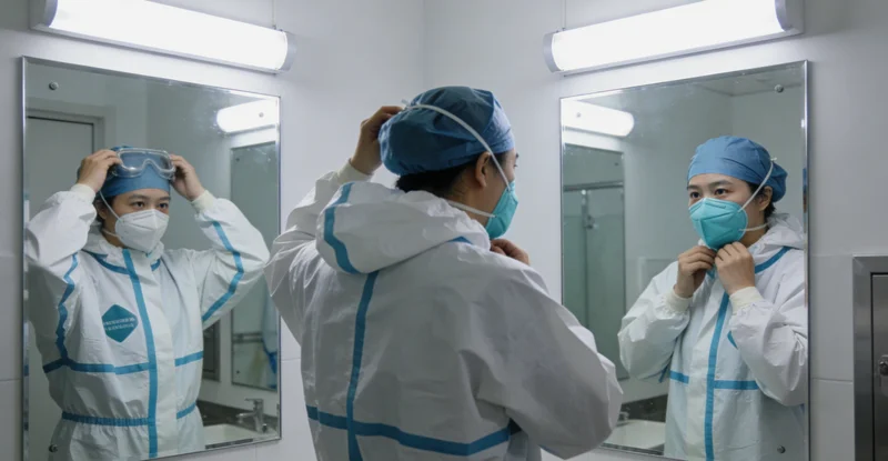 盐城城市街景，一位市民掩口咳嗽