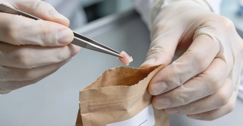 概念图：一只放大镜聚焦在DNA