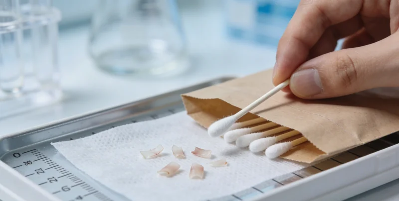 一位女性在镜子前观察自己的嘴唇