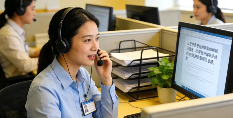 医生与患者在丹江口诊室内查看报