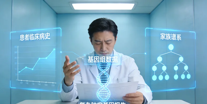 一家人与医生共同查看健康管理计