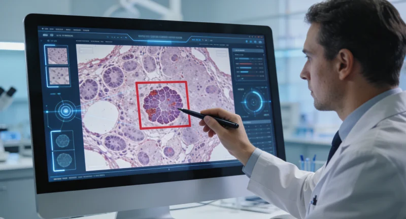 威海病理医生在显微镜下观察软组