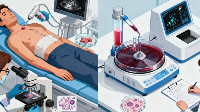 肿瘤组织切片与血液样本采集对比图示