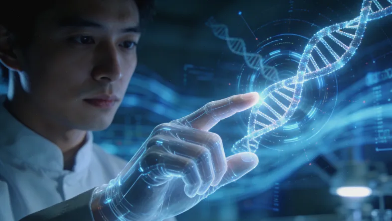 DNA双螺旋结构示意图，标注BRCA基因位置