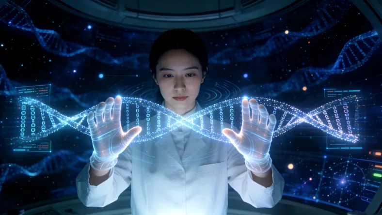 生物信息分析员在电脑前分析基因测序数据图谱