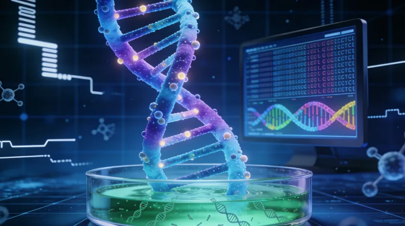 医生在诊室内向患者讲解基因检测流程示意图