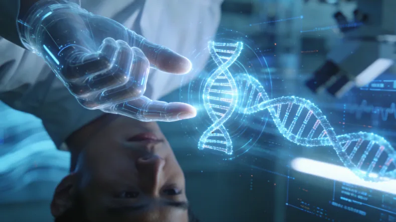 女性与医生共同查看家族健康树图谱