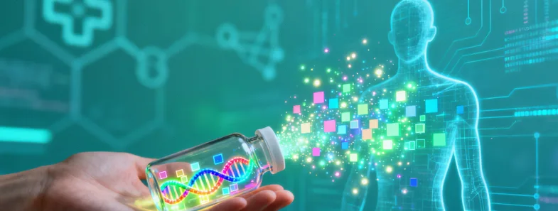 婴儿小脚丫与抽象基因双螺旋图案对比