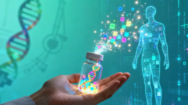 示意图:基因双螺旋旁边标注“代谢”、“食欲”、“脂肪储存”等关键词